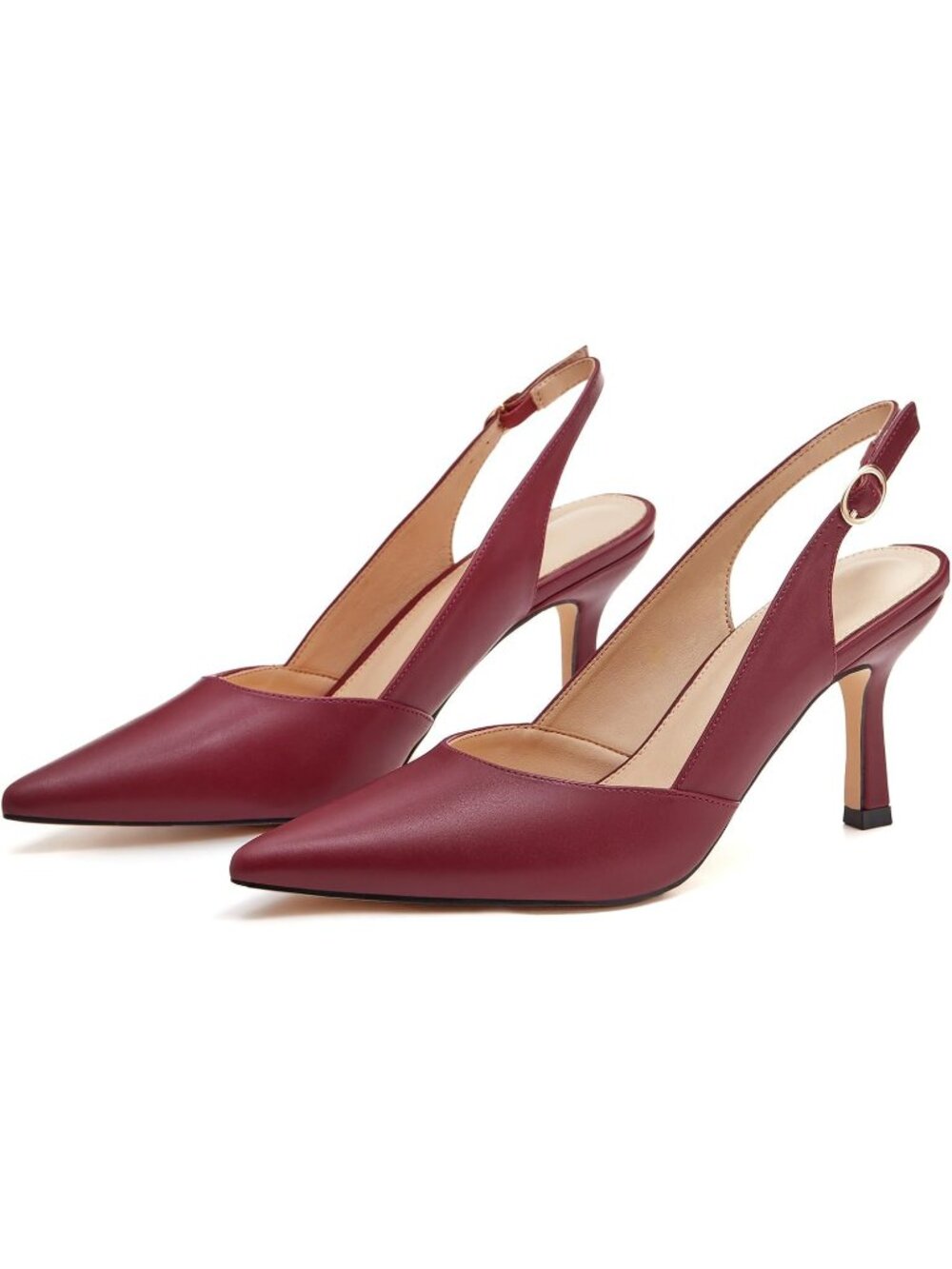 Women's Red Pu Slingback Kitten Heels Closed Pointed Toe Backless Pumps Shoes - Picture 3 of 6